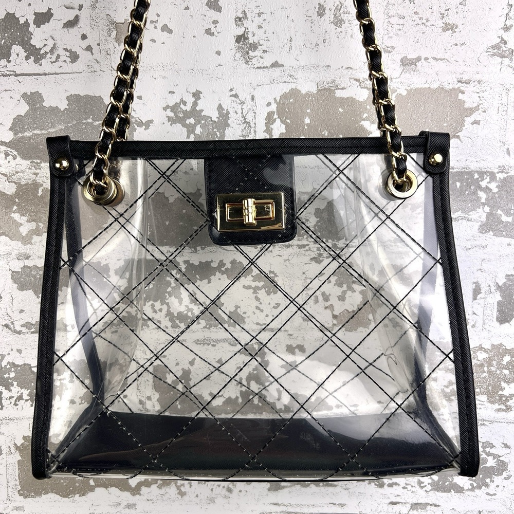 Clear Convertible Stadium Purse Shoulder/Crossbody Turn Lock Gold Chain Strap